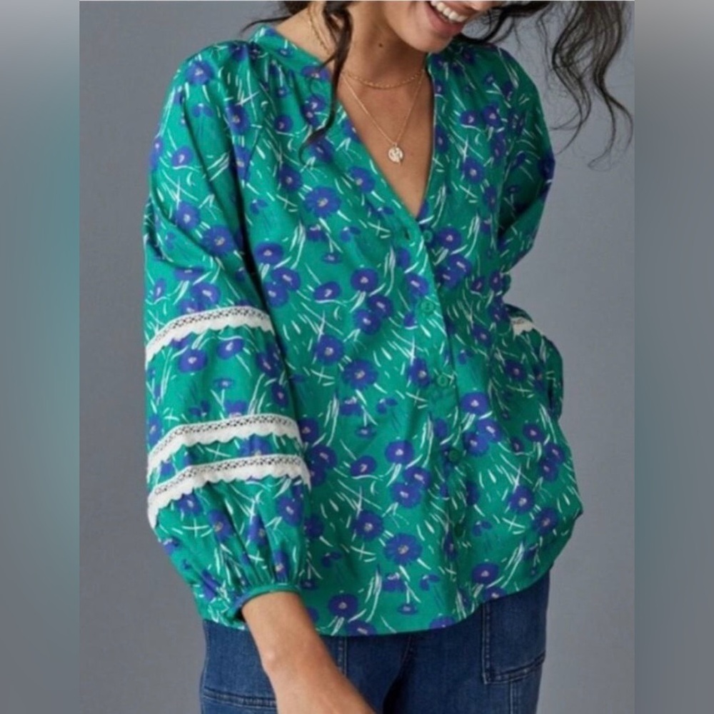 ANTHROPOLOGIE PORRIDGE FLORAL & LACE DETAIL BALLOON SLEEVE TOP, SIZE S.